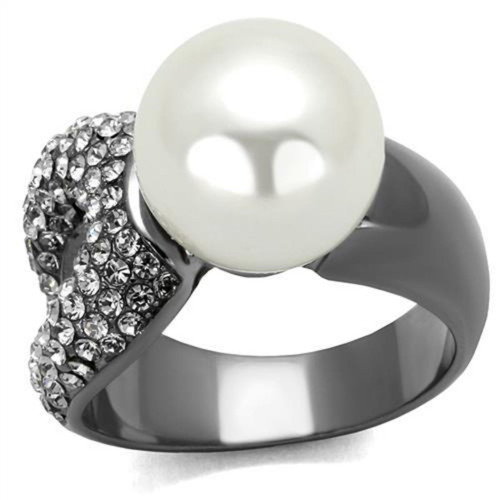 Women's Light Black IP Stainless Steel Ring with Synthetic White Pearl, Size 7 - IMAGE 1