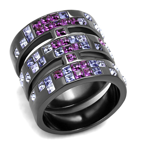 Women's Ion Plated Light Black Stainless Steel Ring with Multi Color Crystals - Size 10 - IMAGE 1