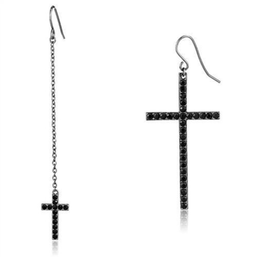 Women’s IP Light Black Stainless Steel Cross Shaped Earrings with Black Jet Crystals - IMAGE 1