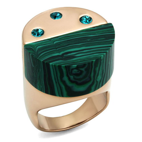 Women's Rose Gold Stainless Steel Ring with Emerald Malachite Synthetic Stones - Size 7 - IMAGE 1