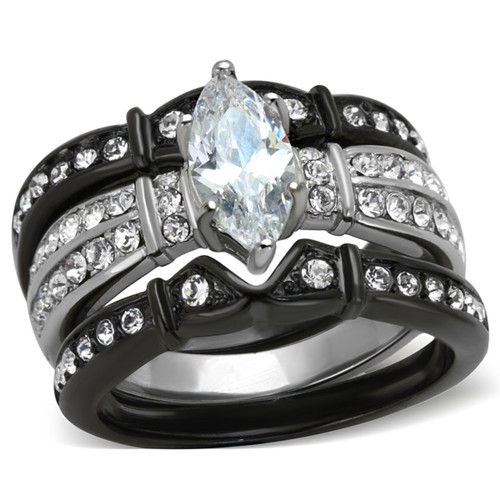 3-Piece Women's Stainless Steel Wedding Ring Set with Marquise Cubic Zirconia, Size 5 - IMAGE 1
