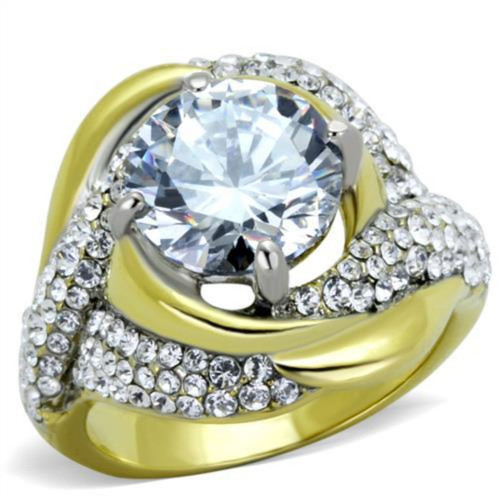 Two Tone Gold IP Stainless Steel Women's Ring with Round CZ - Size 7 - IMAGE 1