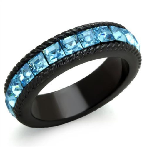 Women's Black IP Stainless Steel Straight Ring with Sea Blue Crystals - Size 9 - IMAGE 1