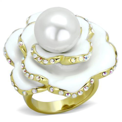 Women's IP Gold Flower Shaped Stainless Steel Ring with White Synthetic Pearl - Size 9 - IMAGE 1