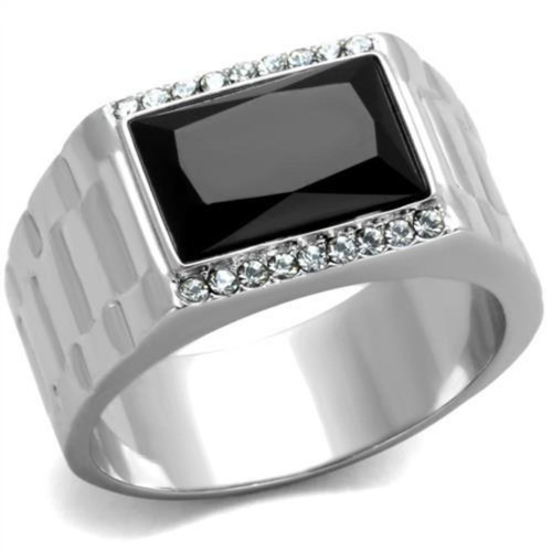Stainless Steel Men's Ring with Black Jet Synthetic Onyx and Clear Stones - Size 12 - IMAGE 1