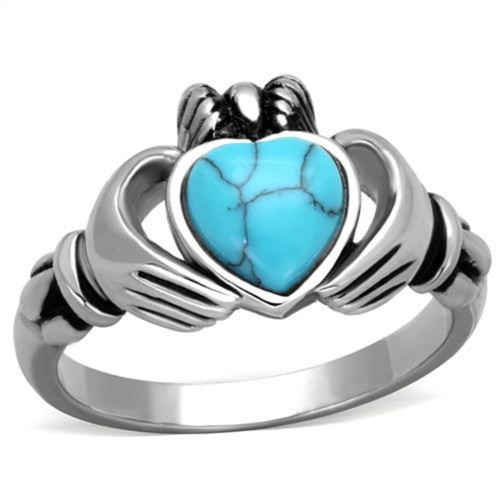 Stainless Steel Women's Claddagh Ring with Sea Blue Synthetic Turquoise Stone - Size 10 (Pack of 2) - IMAGE 1