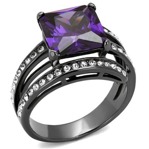 Women's Stainless Steel IP Charcoal Black Ring with AAA Grade CZ in Amethyst - Size 6 - IMAGE 1
