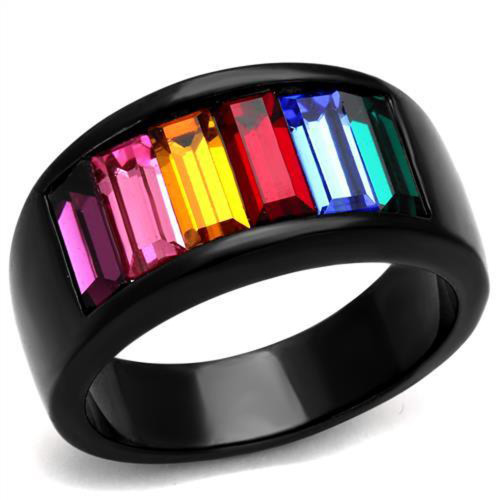 Women's Black IP Stainless Steel Ring with Rectangular Multi Color Crystals - Size 9 - IMAGE 1