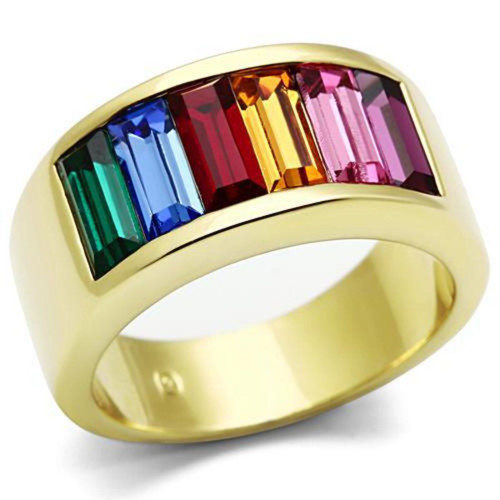 Women's Gold IP Stainless Steel Ring with Rectangular Multi Color Crystals - Size 5 - IMAGE 1