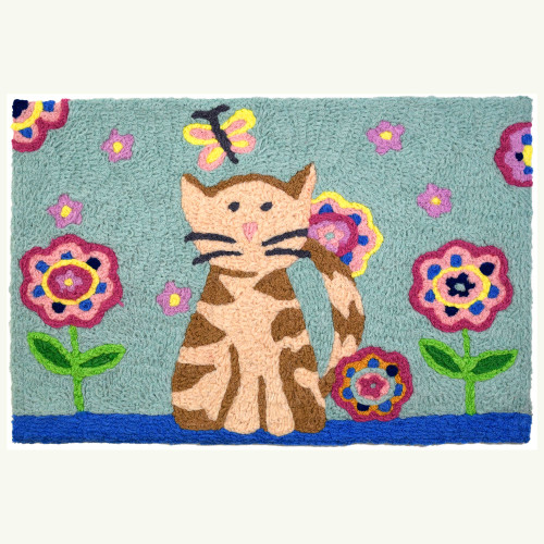 1.5' x 2.5' Vibrant Rectangular Tabby and Butterfly Polyester Indoor and Outdoor Area Throw Rug - IMAGE 1