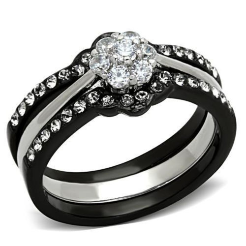 Set of 3 Women's Black Ion Plated Stainless Steel Wedding Ring with Round CZ - Size 7 - IMAGE 1