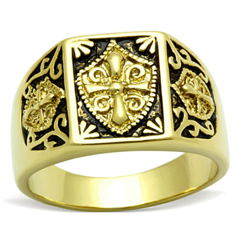 Men's Gold Ion Plated Religious Cross Design Ring with Jet Black Epoxy - Size 9 (Pack of 2) - IMAGE 1
