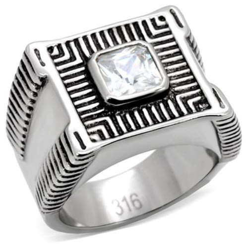 Men's Stainless Steel Solitaire Ring with Square Cubic Zirconia - Size 11 - IMAGE 1
