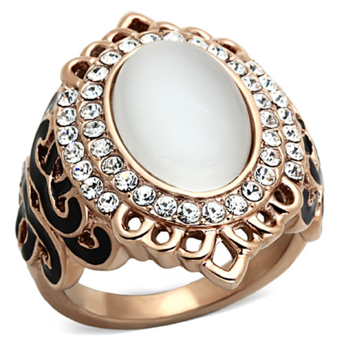 Women's Rose Gold Ion Plated Ring with White Synthetic Cat Eye Stone - Size 5 - IMAGE 1