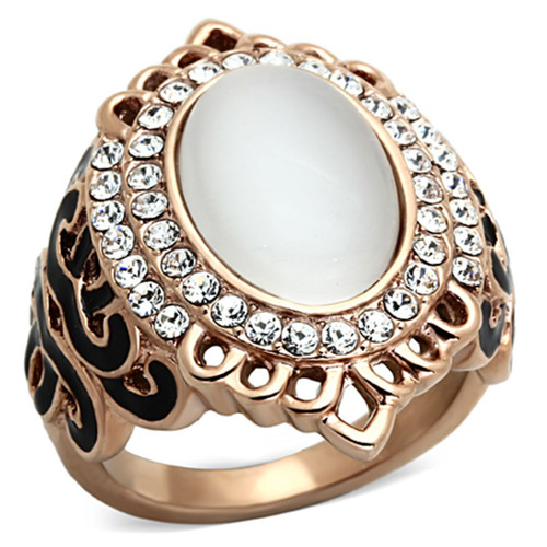 Women's Rose Gold Ion Plated Ring with White Synthetic Cat Eye Stone - Size 7 - IMAGE 1