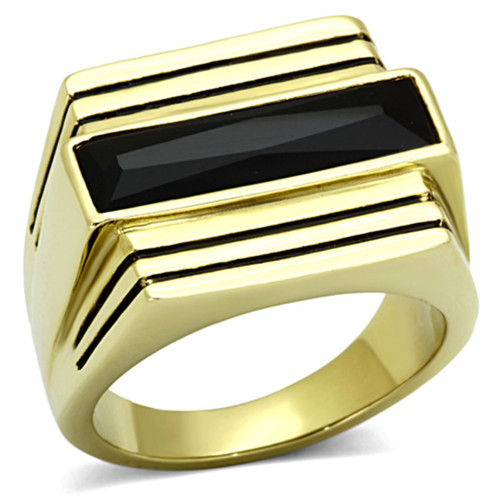 Gold Ion Plated Men's Ring with Black Jet Synthetic Glass Stone - Size 10 - IMAGE 1