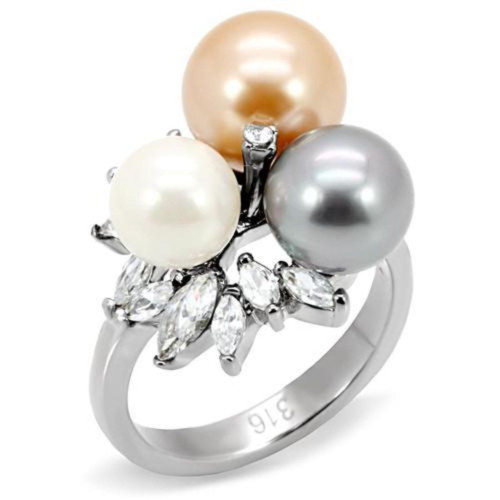 Women's High Polished Stainless Steel Ring with Synthetic Multi Color Pearl - Size 9 - IMAGE 1