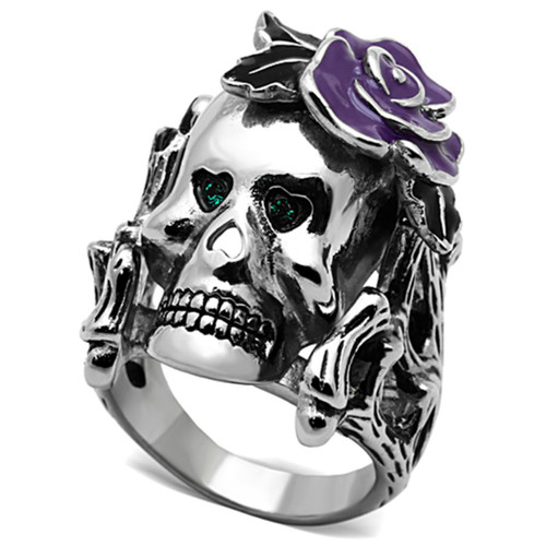 Stainless Steel Skull Design Women's Ring with Emerald Top Grade Crystal - Size 10 - IMAGE 1