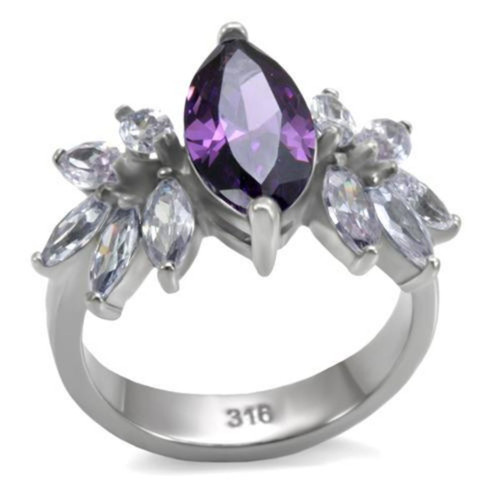 Stainless Steel Women's Engagement Ring with CZ Amethyst - Size 6 - IMAGE 1