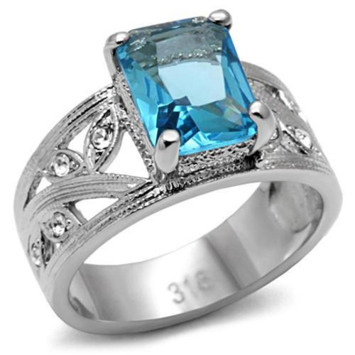 Women's Stainless Steel Engagement Ring with Aquamarine Synthetic Glass Stone - Size 5 (Pack of 2) - IMAGE 1