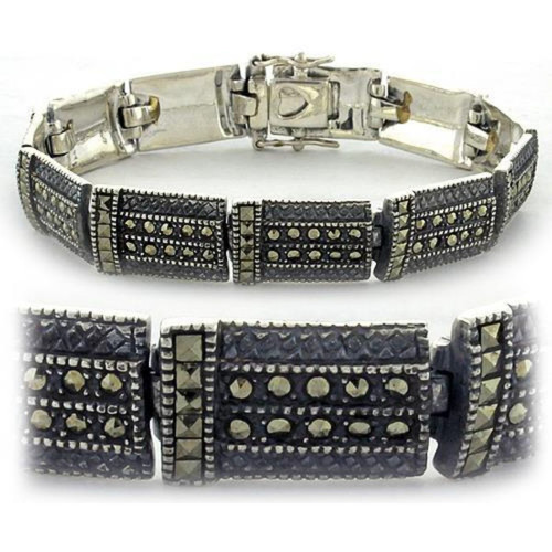 Antique Tone Women's Bracelet with Jet Black Semi Precious Marcasite Stones - IMAGE 1