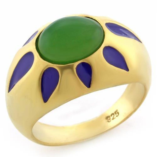 Women's Gold Plated Sterling Silver Ring with Emerald Synthetic Jade - Size 8 - IMAGE 1