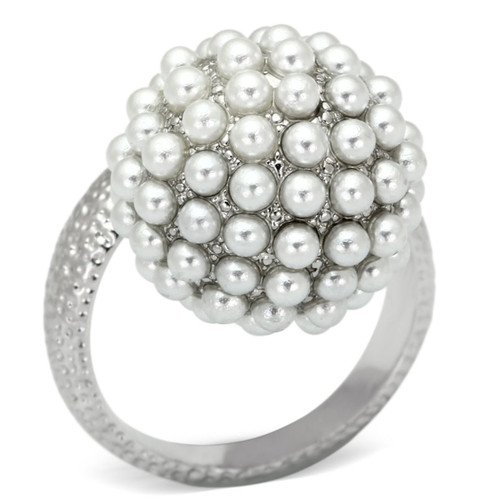 Women's Rhodium Plated Brass Ring with Round Synthetic White Pearls - Size 6 - IMAGE 1