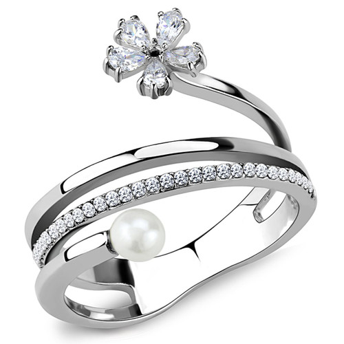Stainless Steel Women's Ring with Synthetic White Pearl Stone - Size 8 - IMAGE 1