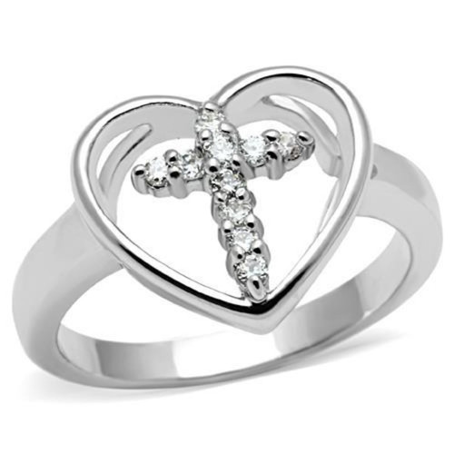 Women's Rhodium Plated Heart and Cross Ring with CZ - Size 6 (Pack of 2) - IMAGE 1