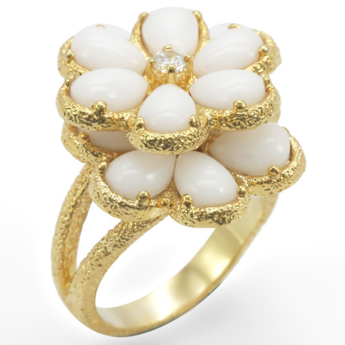 Women's Gold Plated Flower Brass Ring with White Synthetic Glass - Size 9 - IMAGE 1