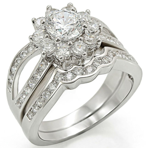 Women's Rhodium Plated Brass Wedding Ring with Round Cubic Zirconia - Size 9 - IMAGE 1