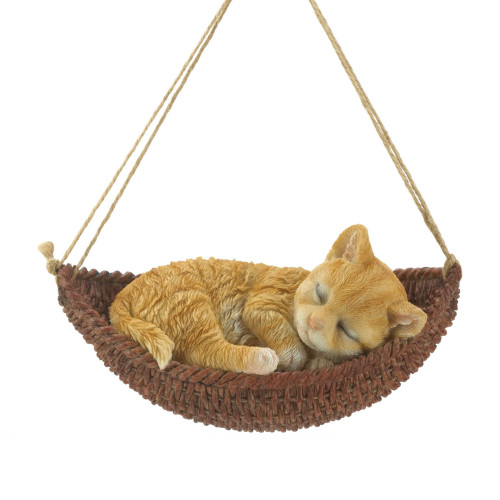 Napping Cat on Hammock Hanging Figurine - 7" - Brown and Beige - IMAGE 1