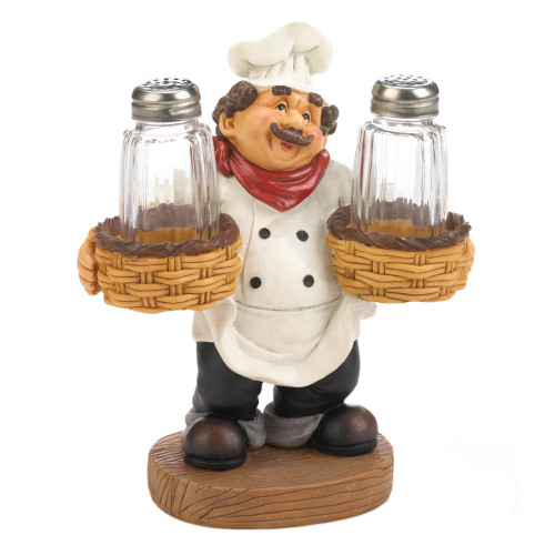 7.5" White Salt and Pepper Shakers Chef Holder - IMAGE 1