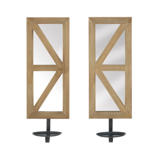 15.75" Brown and Black Mirrored Wood Candle Sconce Set - IMAGE 1