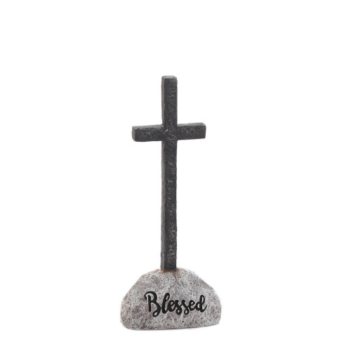 9.75" Gray and Beige "Blessed" Contemporary Tabletop Cross Figurine - IMAGE 1