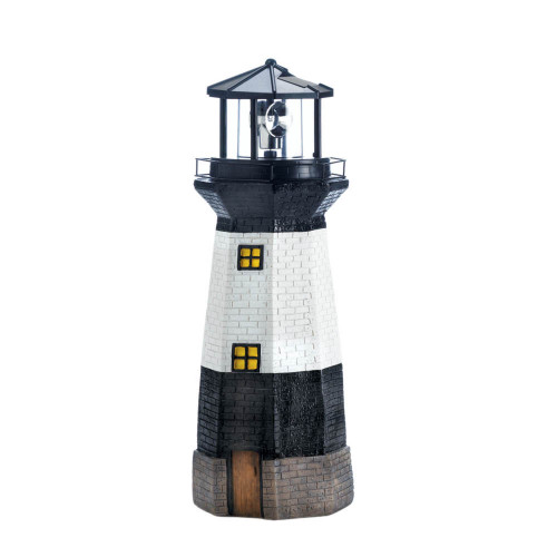 15.25" Black and White Spinning Solar Powered Lighthouse Statue - IMAGE 1