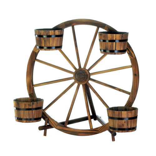 Wagon Wheel Barrel Planter Display - 32.25" Brown and Black - IMAGE 1