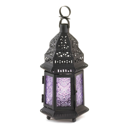 Moroccan Style Candle Lantern - 10.75" - Black and Purple - IMAGE 1