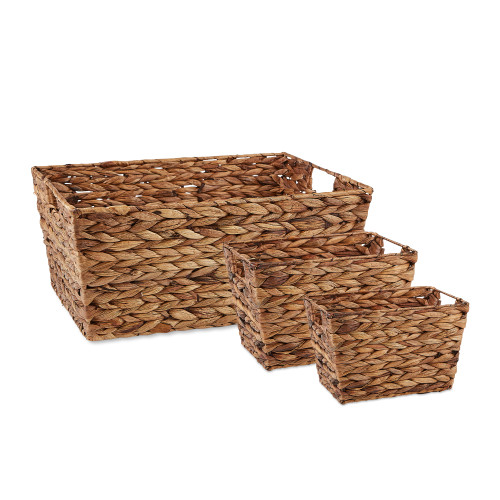 Set of 3 Espresso Brown and Natural Beige Liner Home Essentials Water Hyacinth Baskets, 12.6" - IMAGE 1