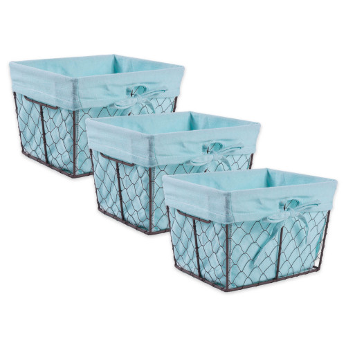 Set of 3 Vintage Gray and Aqua Blue Liner Home Essentials and Collectibles Small Chicken Wire Baskets, 9" - IMAGE 1