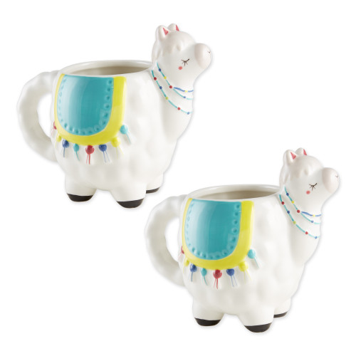 Set of 2 White, Powder Blue, and Yellow Home Kitchen Essentials Llama Ceramic Mugs, 6" - IMAGE 1