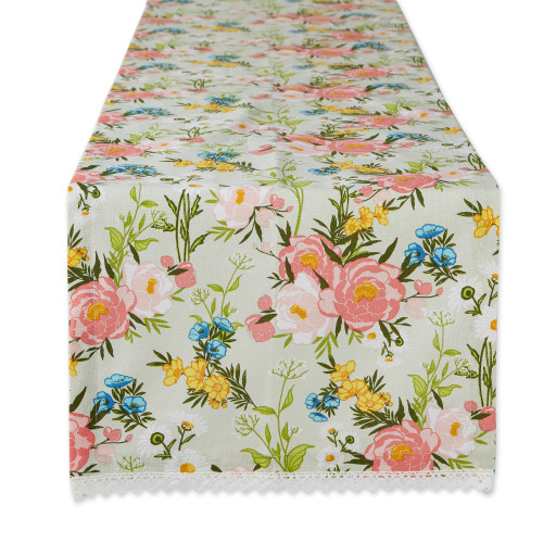 Spring Garden Cotton Table Runner with Lace Trim - 108" - Mint Green and Pink - IMAGE 1