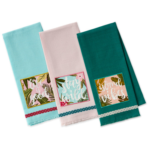 Island Tropics Embroidered Cotton Dish Towels - 28" - Blue and Green - Set of 3 - IMAGE 1