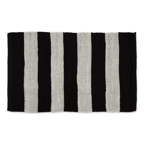 2' x 3' Jet Black and Cotton White Stripe Rag Rug - IMAGE 1