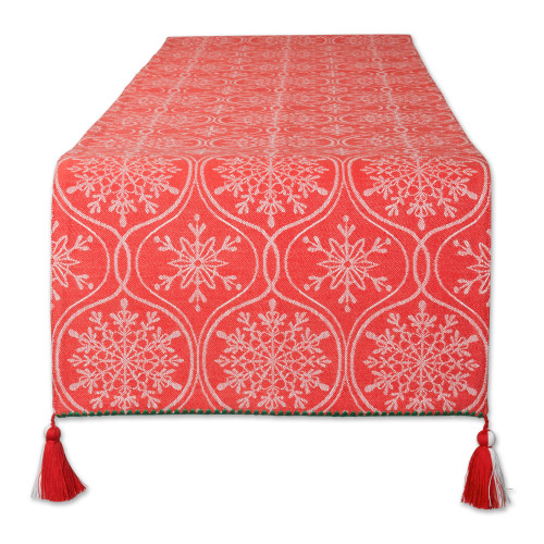 Ogee Snowflakes Cotton Christmas Table Runner with Tassels - 108" - Red and White - IMAGE 1