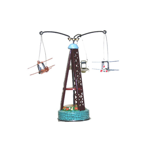 Biplane Carousel Push-lever Collectible Tin Toy - 6" - Plum Purple & Sky Blue - IMAGE 1