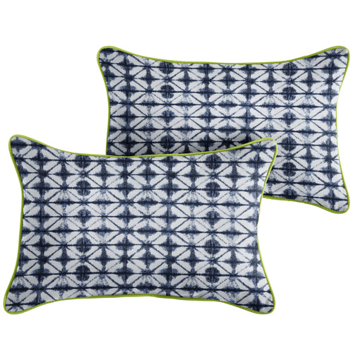 Set of 2 White and Indigo Blue Geometric Print With Lime Green Trim Sunbrella Outdoor Pillow 20" - IMAGE 1