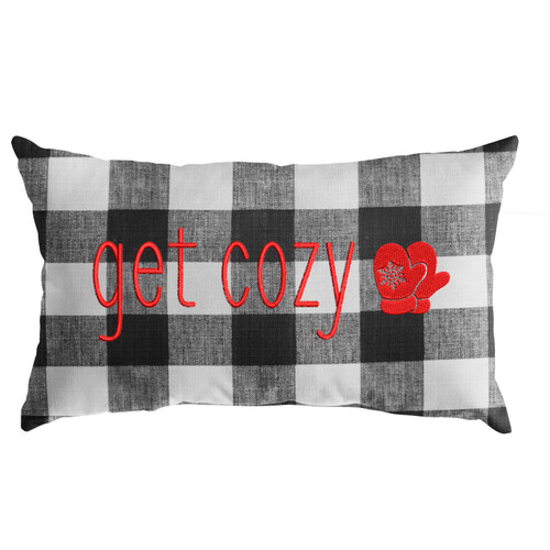 20" Black and White Buffalo Plaid "Get Cozy" Comfortable Indoor and Outdoor Rectangular Throw Pillow - IMAGE 1