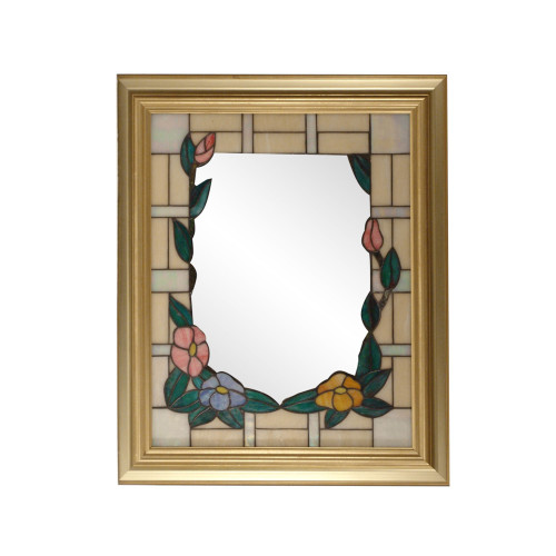 34" Gold and Green Framed Rectangular Peony Wall Mirror - IMAGE 1
