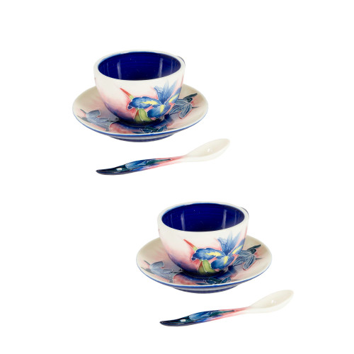 Set of 2 Iris Floral Hand Painted Porcelain Cup and Saucers 5" - IMAGE 1